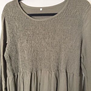 Olive Green Smocked Long Sleeve Dress 2X